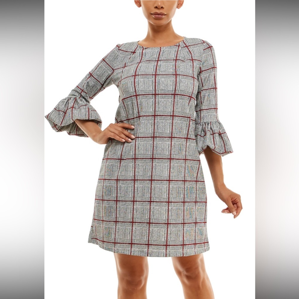 Nina Leonard Plaid Houndstooth Shift Dress W/ Ruffled Bell Sleeves Sz L NWOT